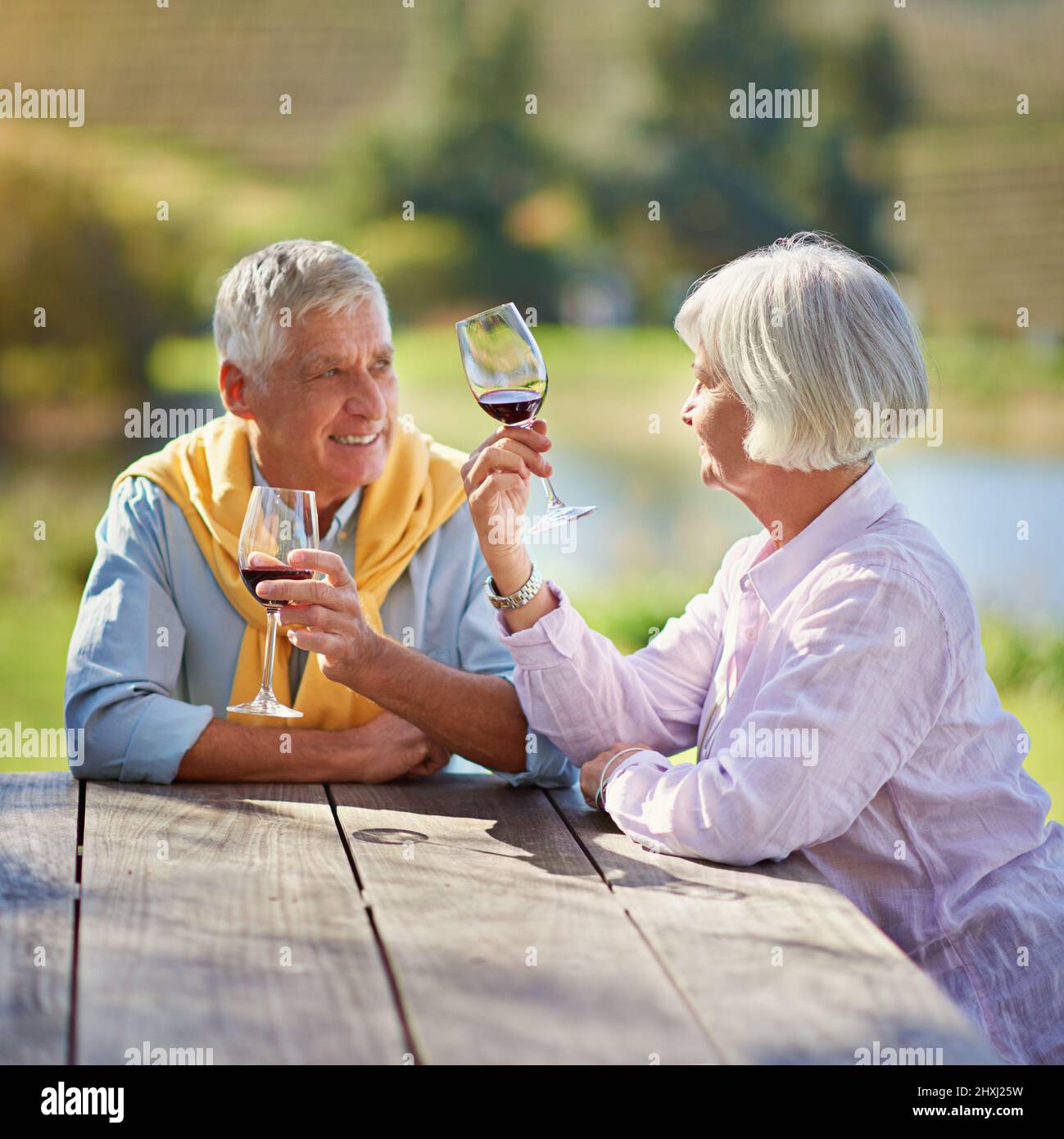 This wine is fantastic. Cropped shot of a senior couple out for a wine tasting. Stock Photo