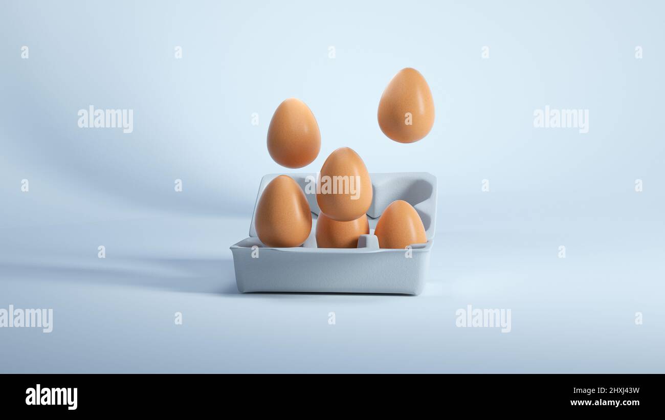Fall into the box with six whole brown eggs on light blue background. Fresh organic chicken eggs in egg container. Stock Photo