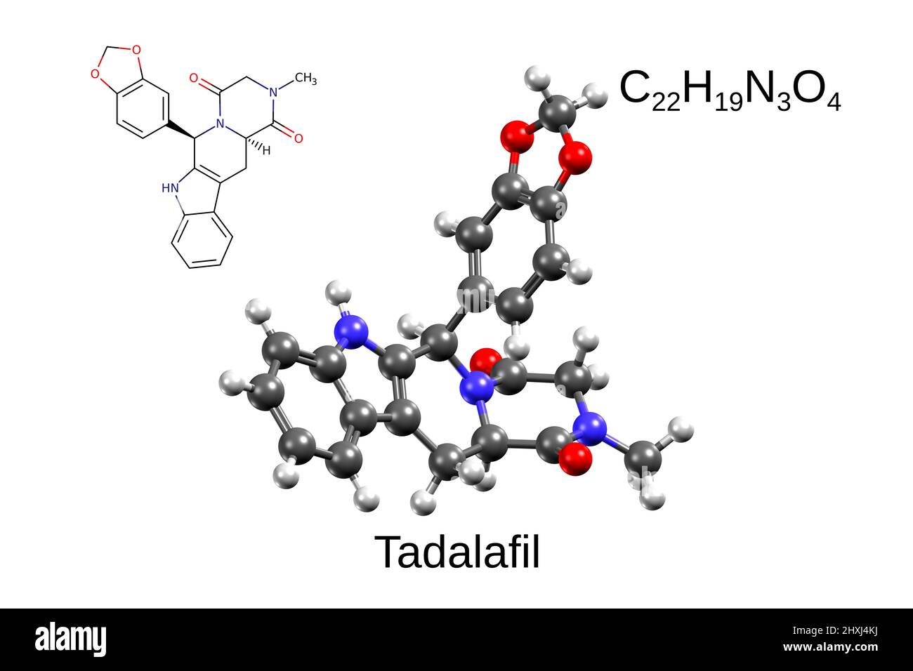 Chemical formula, skeletal formula, and 3D ball-and-stick model of tadalafil, a drug for erectile dysfunction, white background Stock Photo