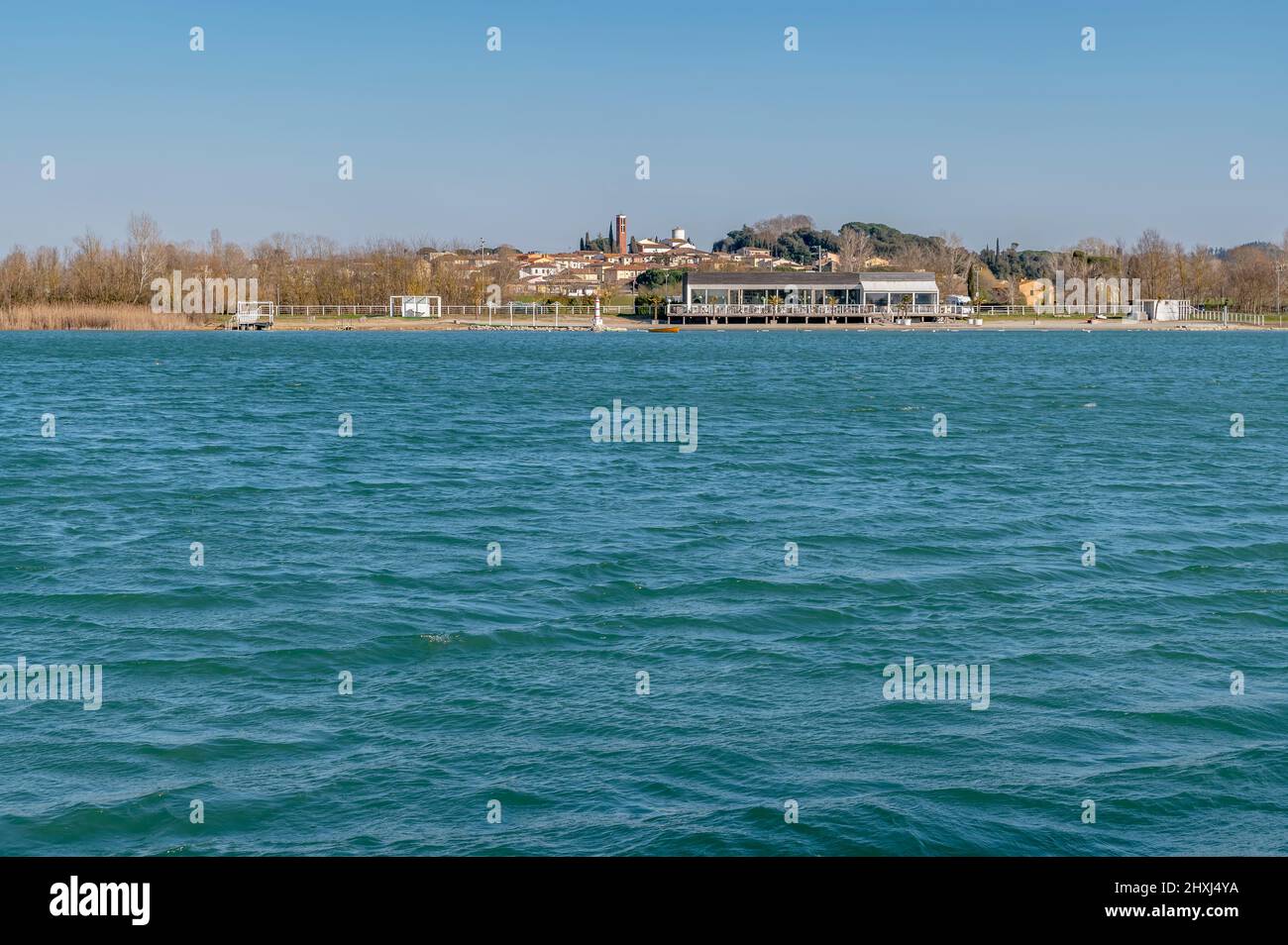 Braccini lake with La Rotta in the background, Pontedera, Italy, on a sunny day Stock Photo
