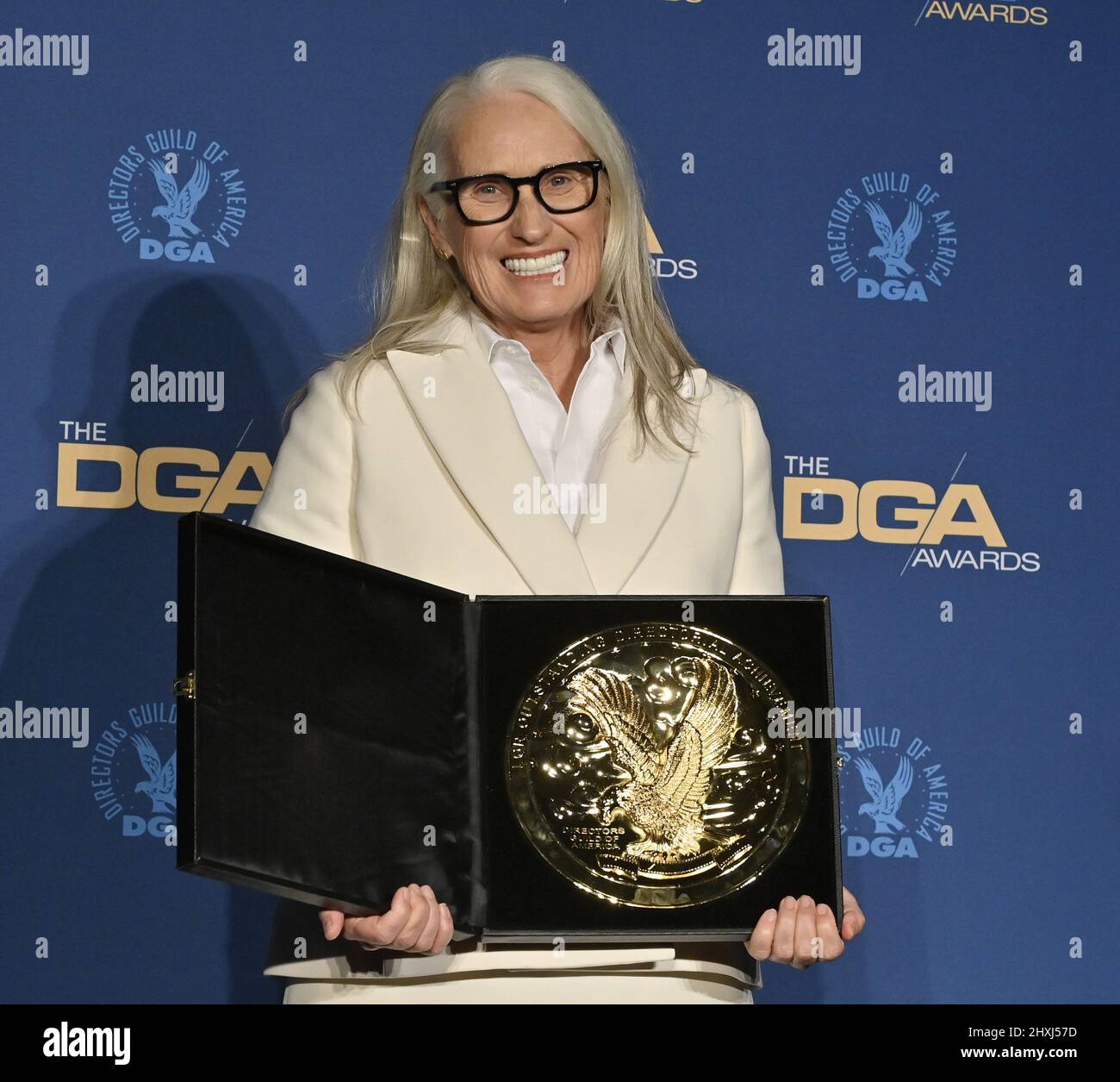 Beverly Hills, United States. 13th Mar, 2022. DGA Feature Film Award winner for 'Power of the Dog' Jane Campion appears backstage with her award during the 74th annual Directors Guild of America Awards at the Beverly Hills Hotel in Beverly Hills, California on Saturday, March 12, 2022. Photo by Jim Ruymen/UPI Credit: UPI/Alamy Live News Stock Photo