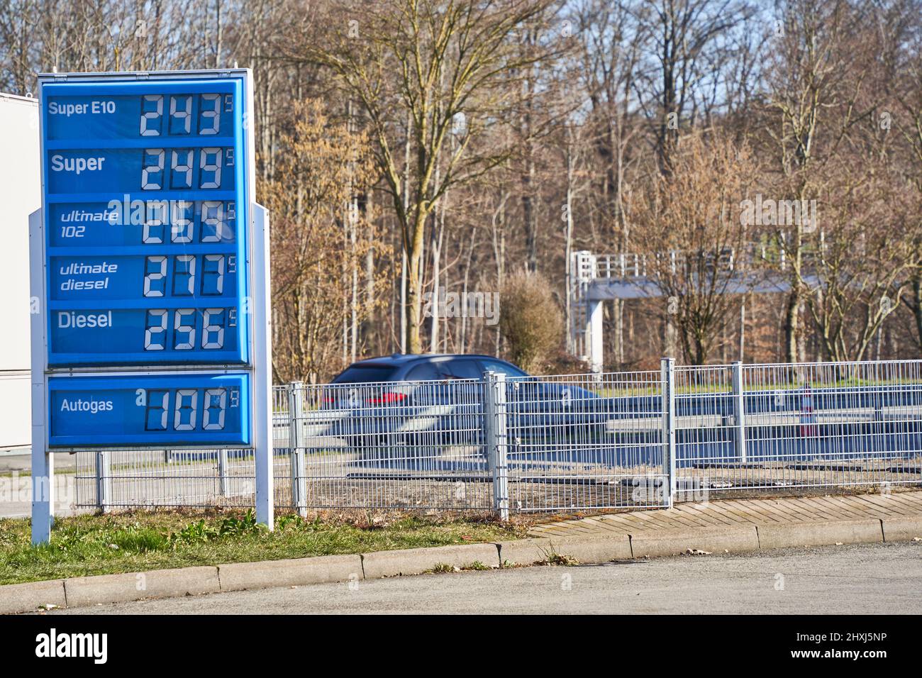 Sindelfingen, Germany - March 10, 2022: Price board with high gasoline, diesel and fuel prices. Most expensive gas and oil prices at German aral filli Stock Photo