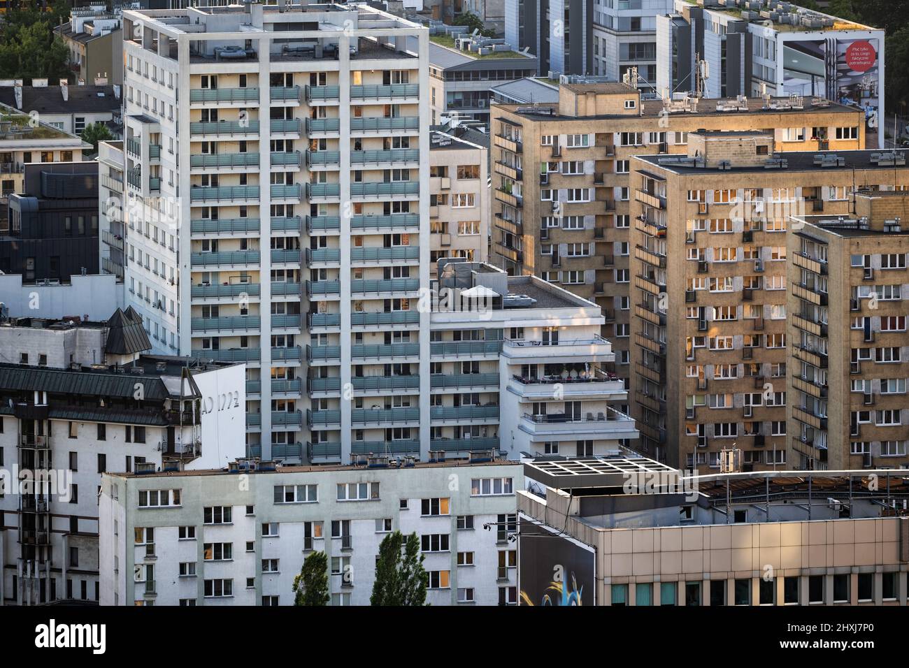 Central district of Warsaw city in Poland, apartment building towers