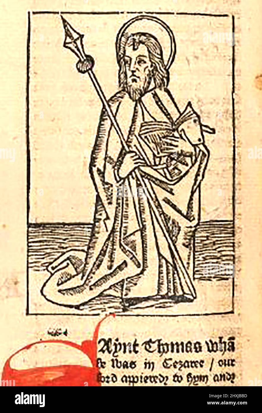 15th century woodcut showing St Thomas, as printed by William Caxton ( 1422-1491/92) in his translation of  'The Golden Legend' or  'Thus endeth the legende named in Latyn legenda aurea that is to saye in Englysshe the golden legende' by Jacobus, de Voragine, (Circa 1229-1298). Stock Photo