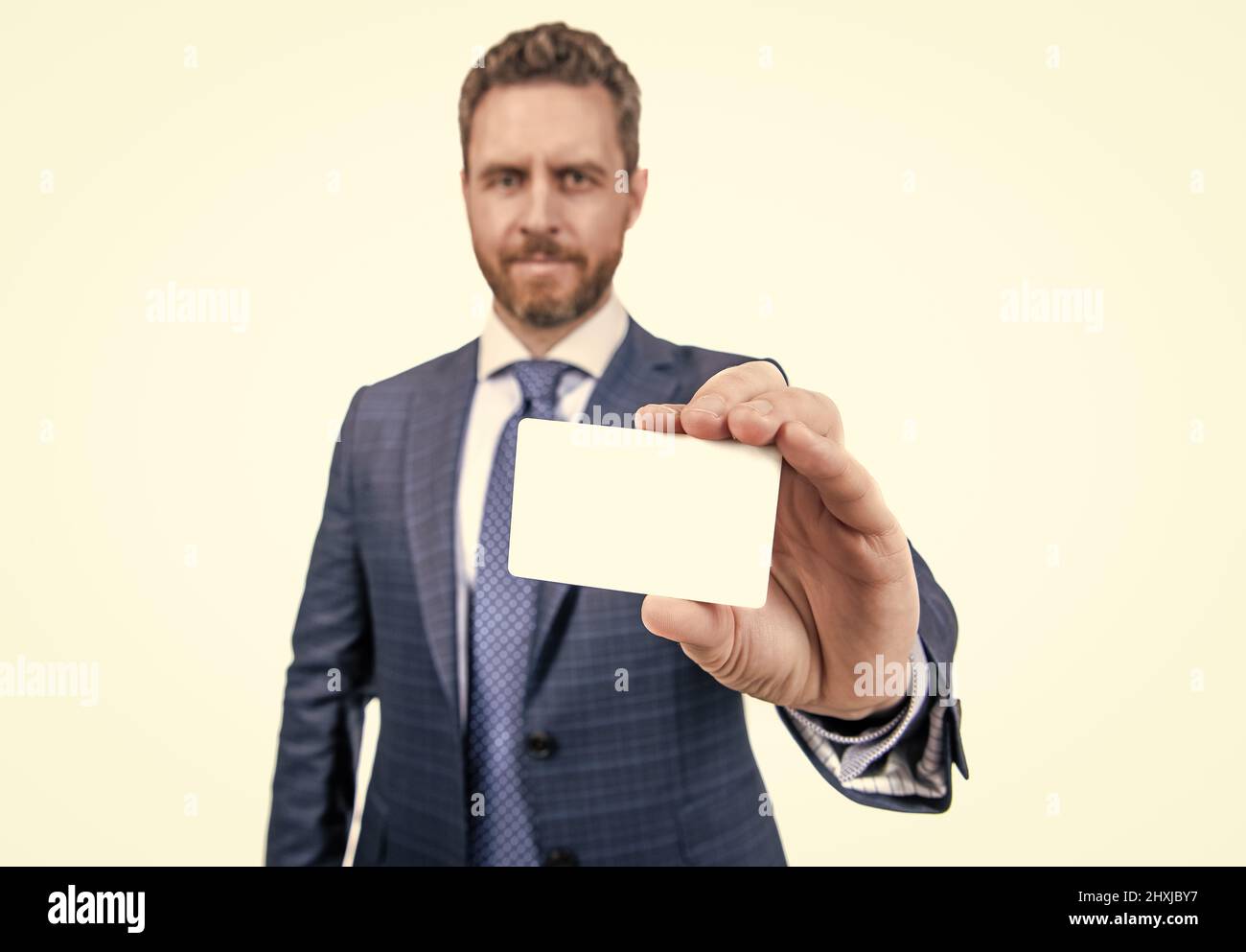 empty credit or business card for copy space in hand of man , selective focus, business information. Stock Photo