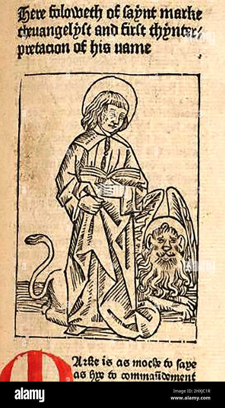 15th century woodcut showing St Mark the evangelist and his representation as a winged lion, as printed by William Caxton ( 1422-1491/92) in his translation of  'The Golden Legend' or  'Thus endeth the legende named in Latyn legenda aurea that is to saye in Englysshe the golden legende' by Jacobus, de Voragine, (Circa 1229-1298). Stock Photo