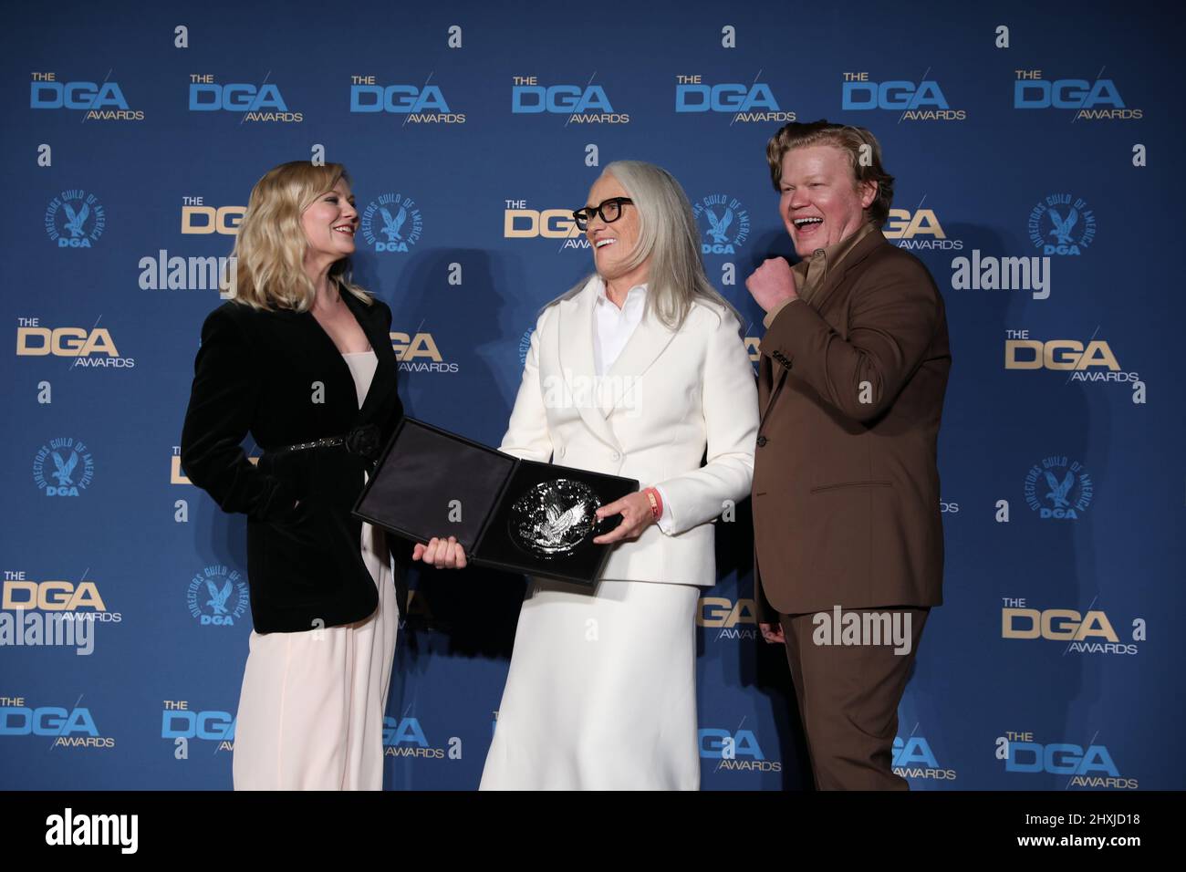 Kirsten Dunst, Jane Campion, and Jesse Plemons in the press room during the 74th Annual Directors Guild of America Awards held at The Beverly Hilton Hotel in Beverly Hills, CA on Saturday, ?March 12, 2022. (Photo By Conor Duffy/Sipa USA) Stock Photo
