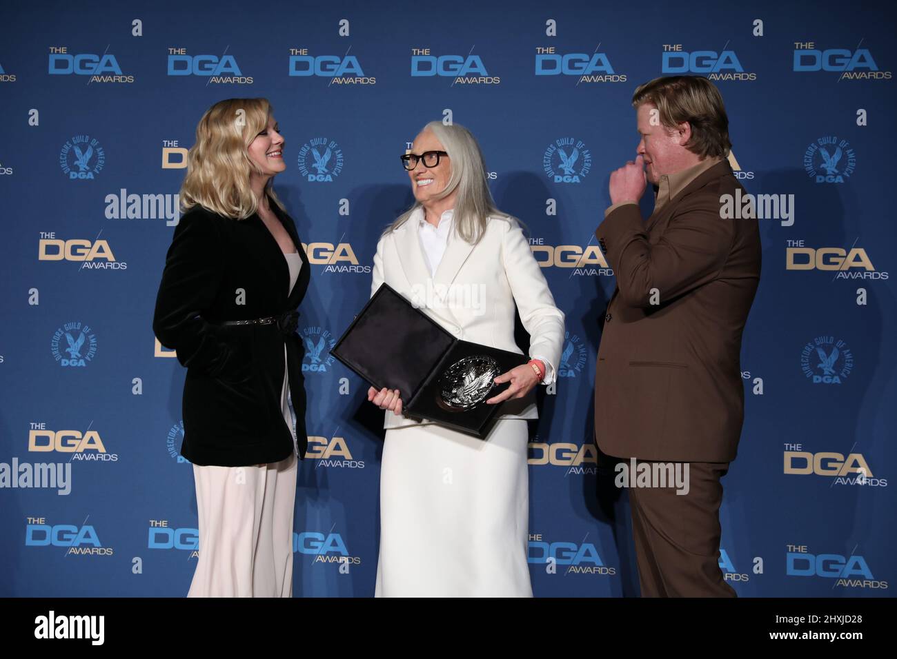 Kirsten Dunst, Jane Campion, and Jesse Plemons in the press room during the 74th Annual Directors Guild of America Awards held at The Beverly Hilton Hotel in Beverly Hills, CA on Saturday, ?March 12, 2022. (Photo By Conor Duffy/Sipa USA) Stock Photo