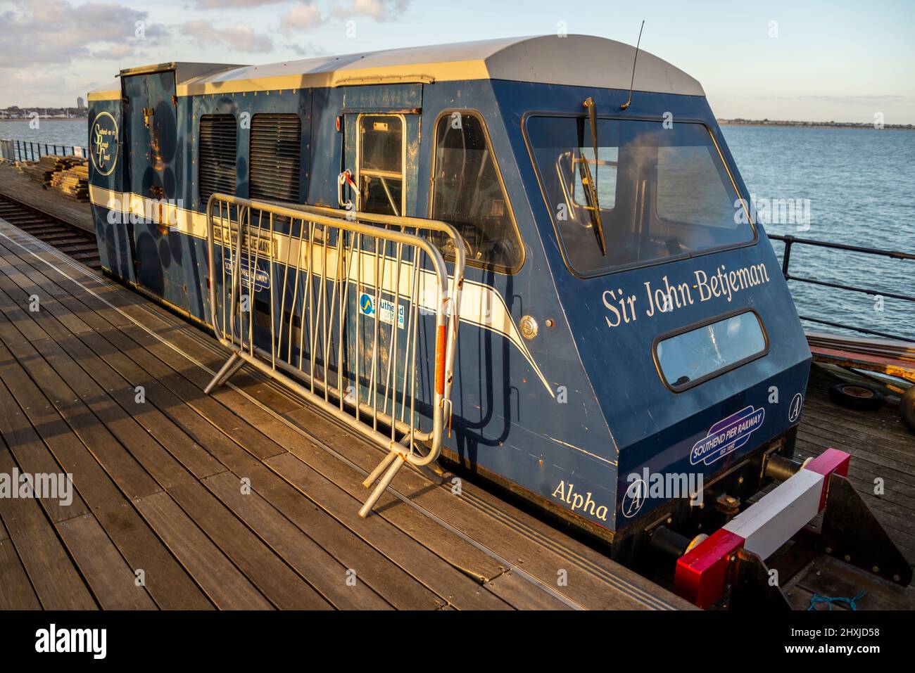 Old Southend Pier train as new electric trains planned to come into service. Sir John Betjeman power car loco end, minus decommissioned carriages Stock Photo
