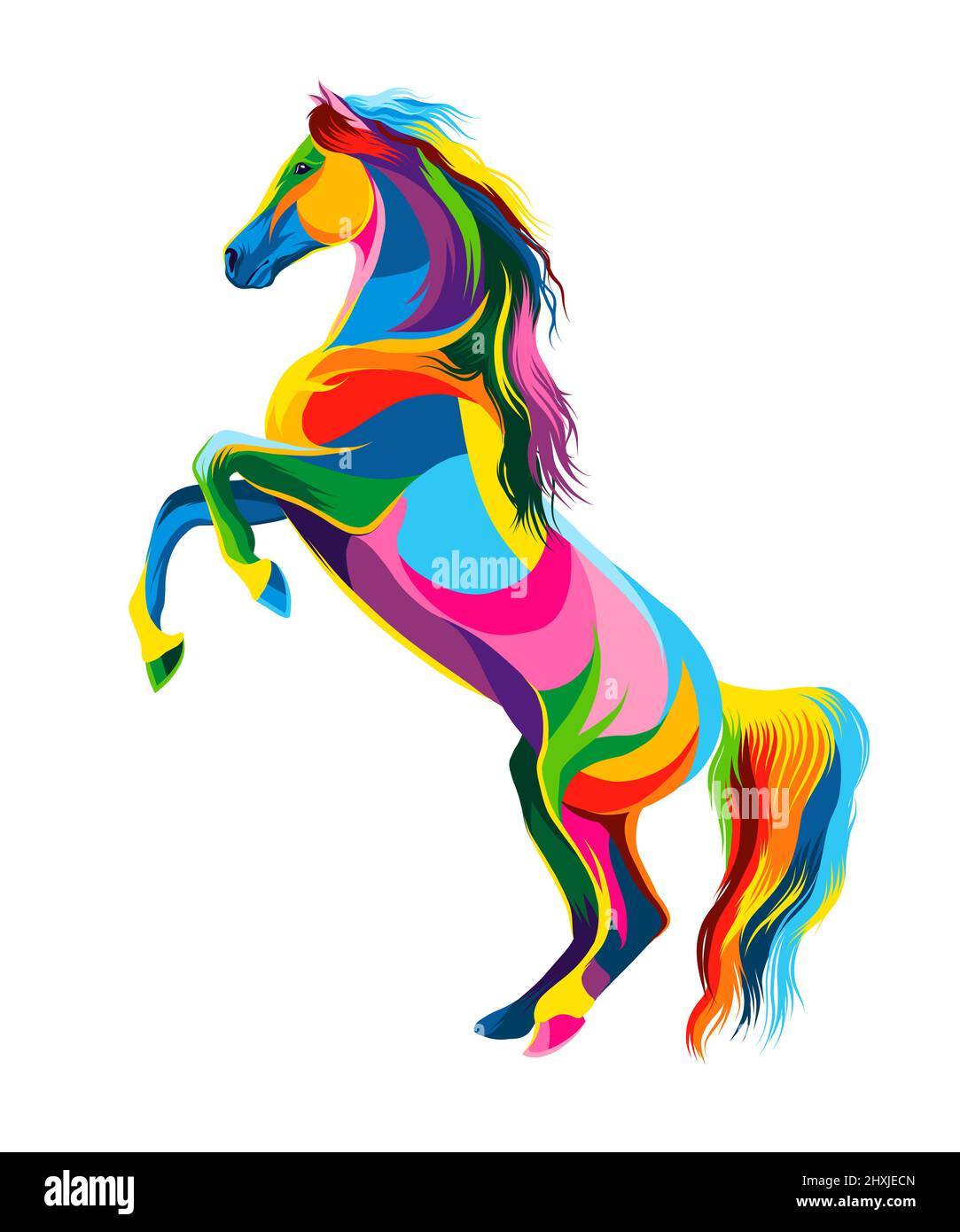 Abstract horse rearing up, horse running at a gallop from multicolored paints. Colored drawing. Vector illustration of paints Stock Vector