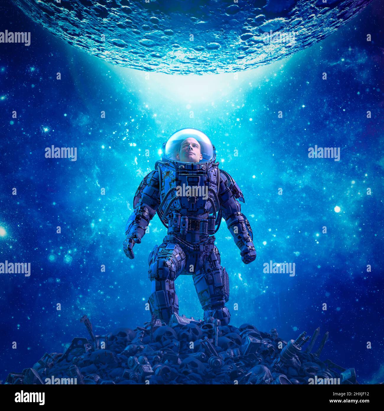 Beneath the moonrise - 3D illustration of science fiction scene showing astronaut viewing rising moon in outer space Stock Photo