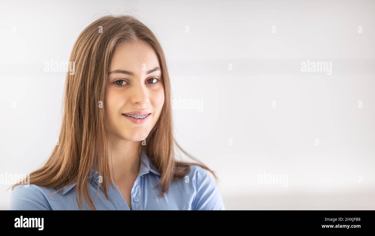 Portrait of happy smiling girl with dental braces Stock Photo - Alamy