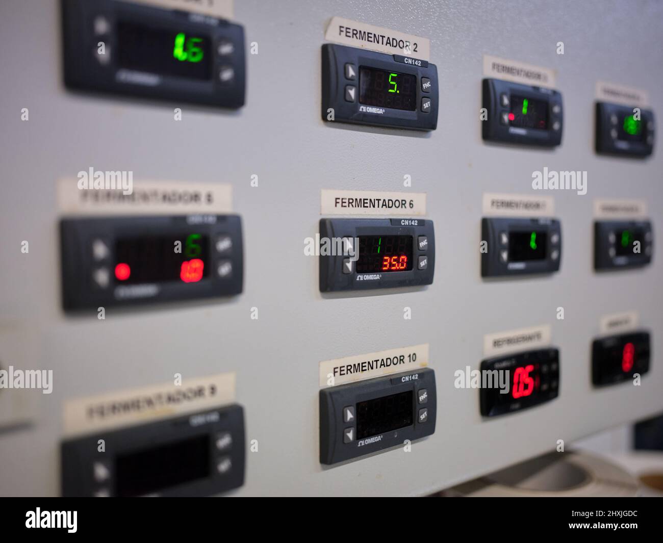 panel of a brewery machine indicating fermentation number Stock Photo