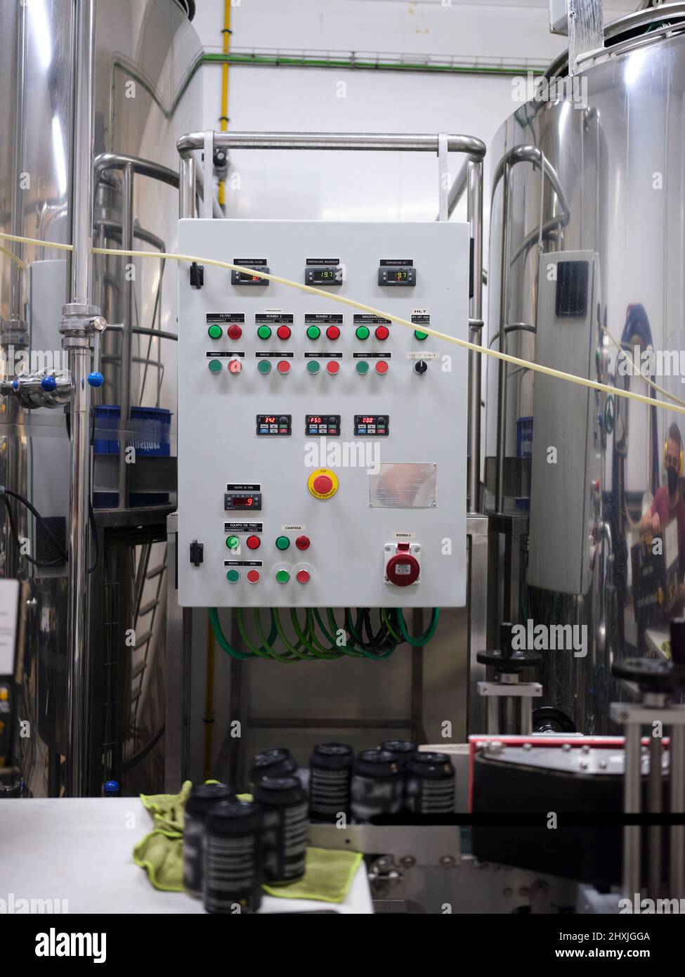 Beer canning machinery in a brewery Stock Photo