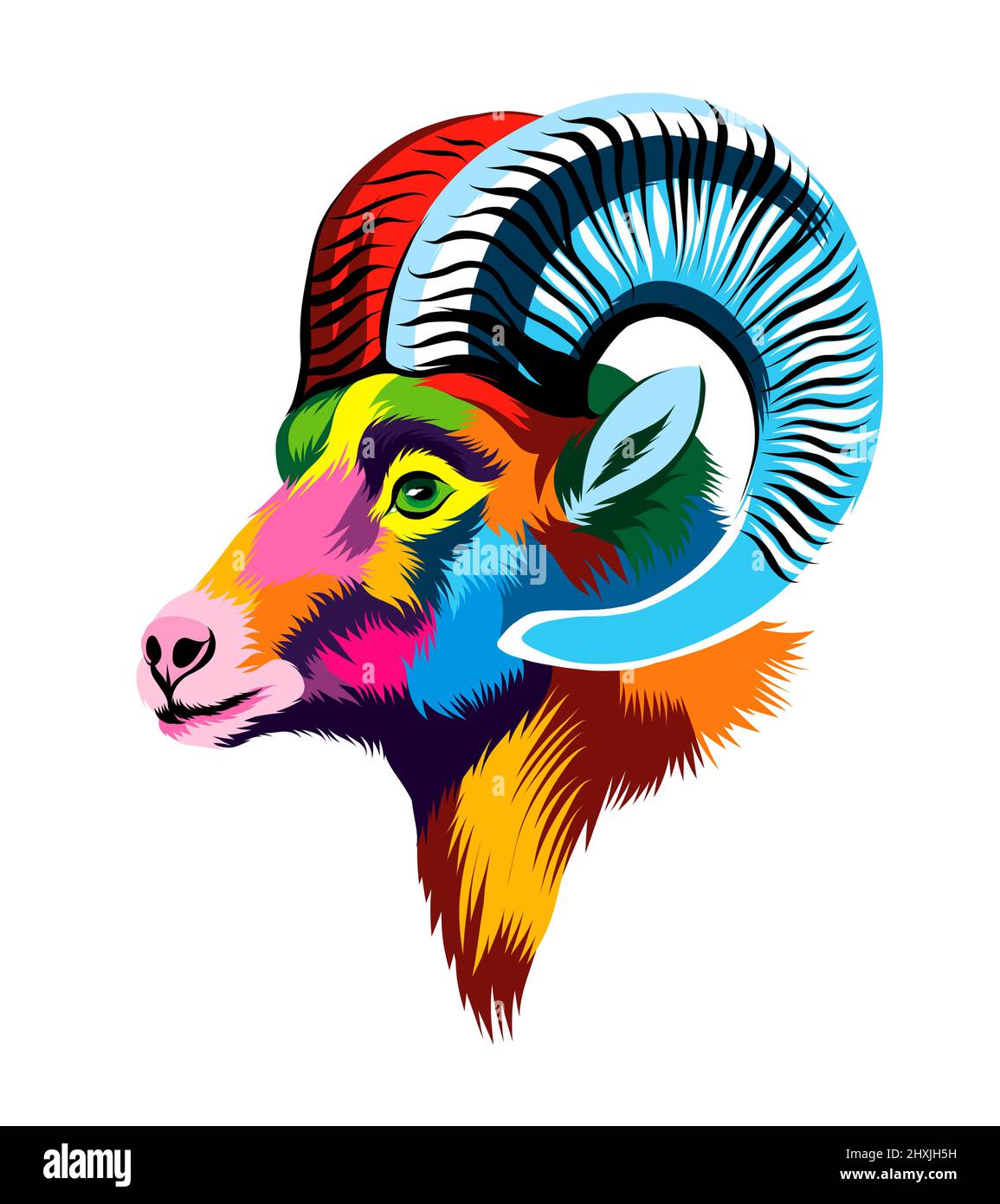 Abstract bighorn sheep head portrait, mountain sheep from multicolored paints. Colored drawing. Vector illustration of paints Stock Vector
