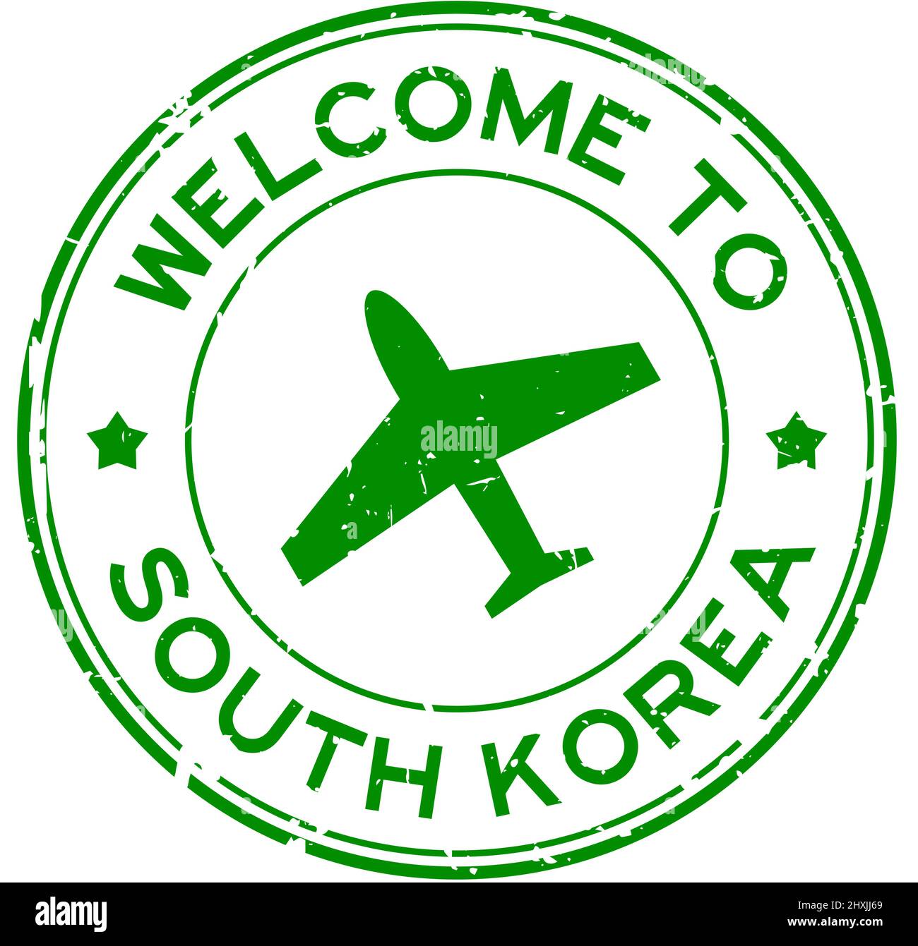 Grunge green to South Korea word with airplane icon round