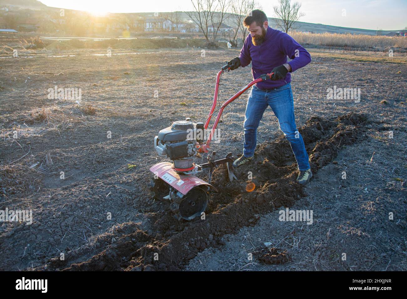 Farmer weeding the field with a tiller. Man loosens the soil cultivator Stock Photo Alamy