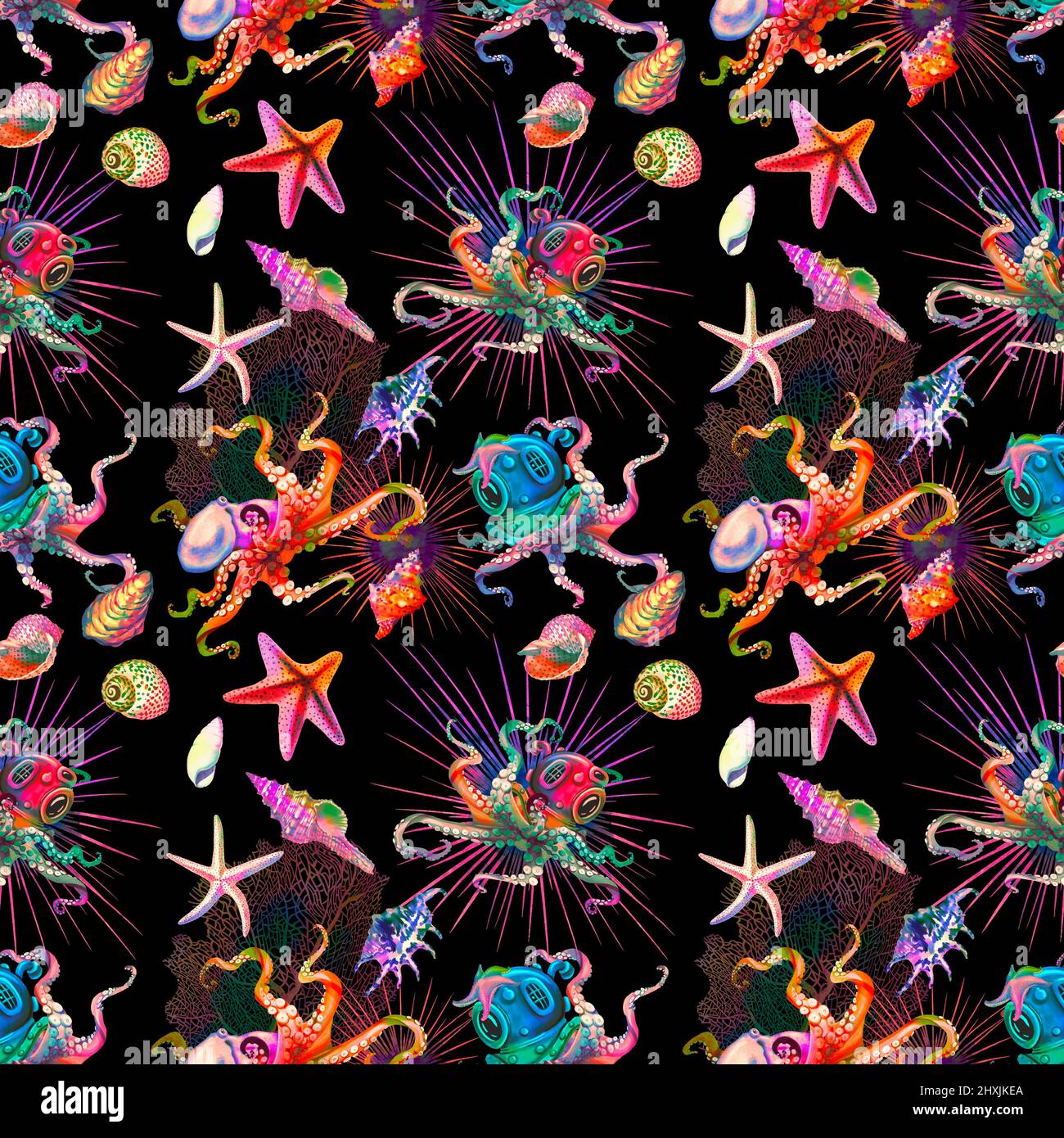 watercolor seamless drawing of sea creatures. Octopuses, starfish and shells are the bright colors of the rainbow on a black background. Digital Paper Stock Photo