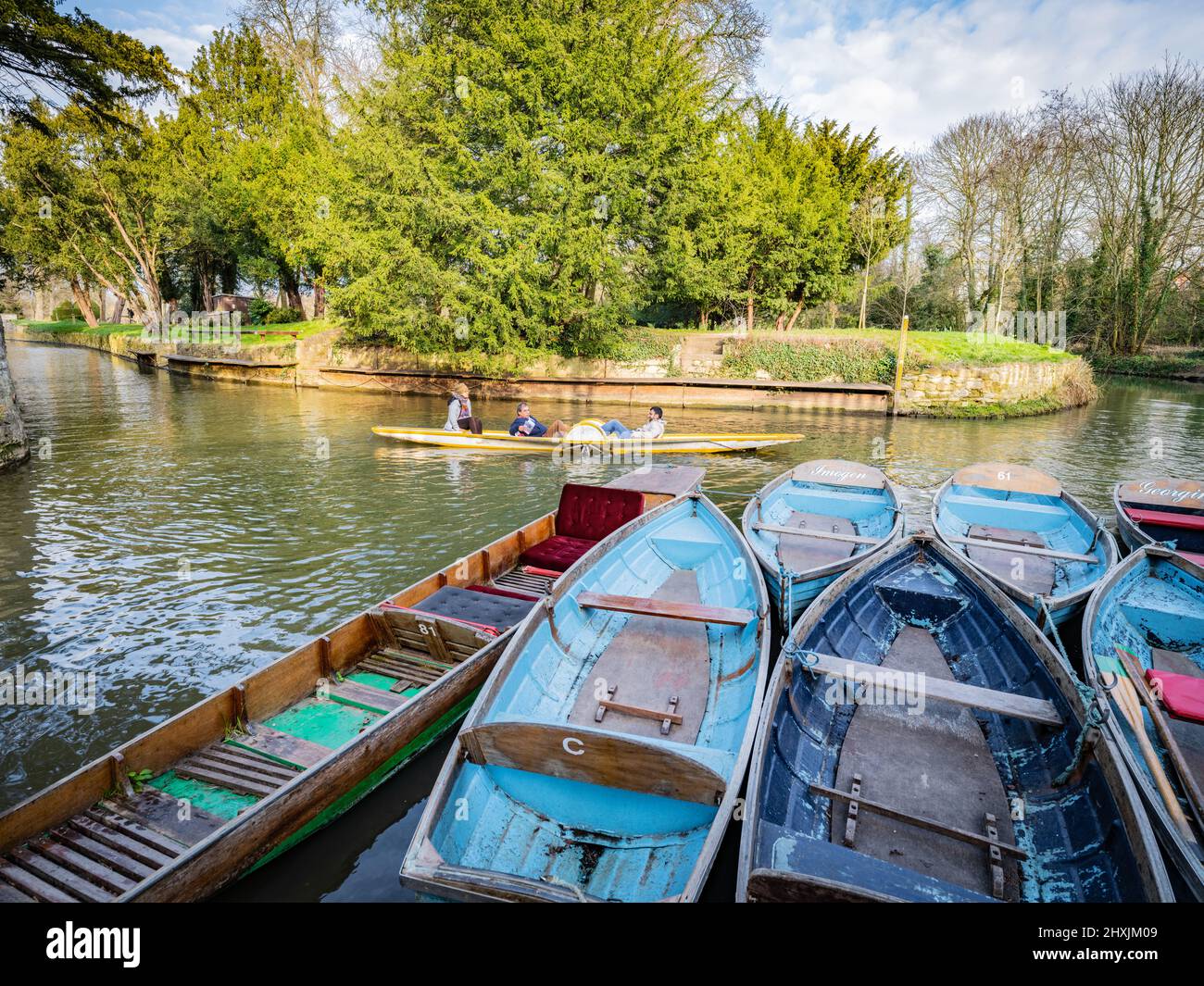 Punting boats for hire on the River Cherwell in the centre of Oxford. Stock Photo