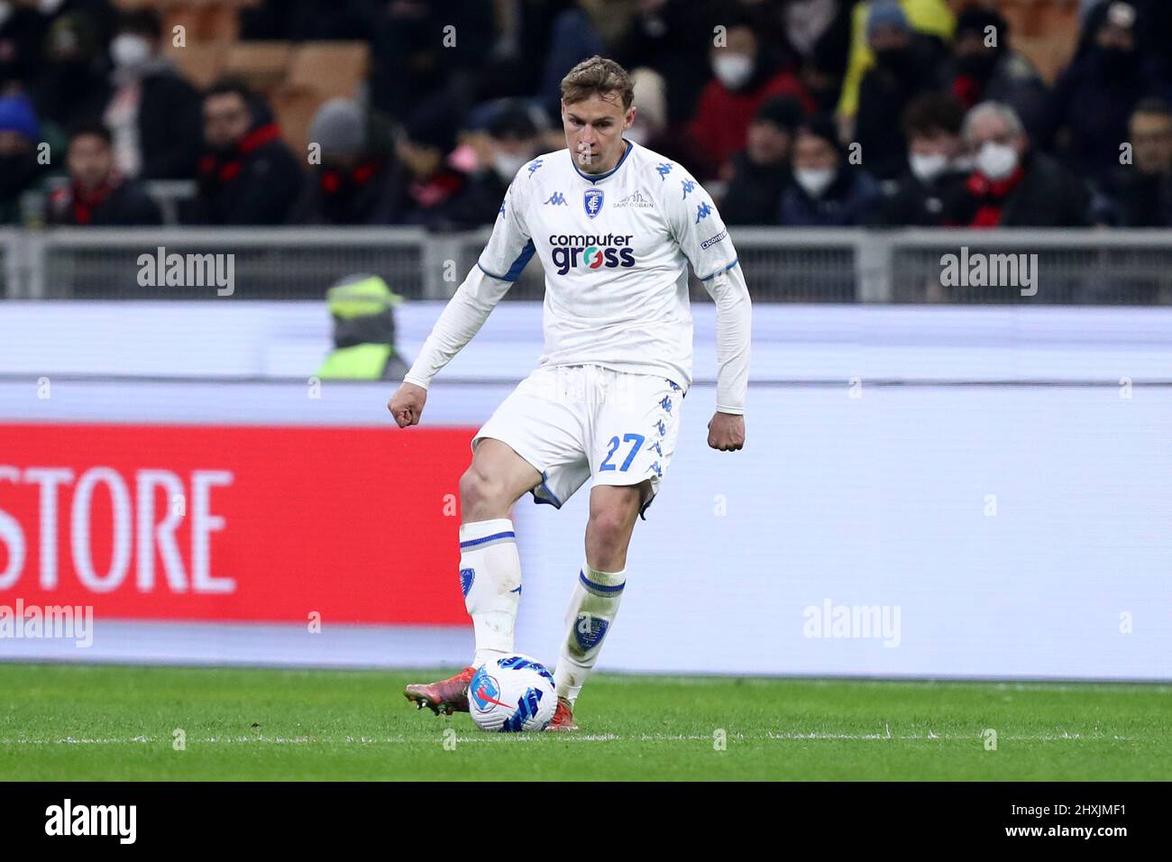 Szymon Zurkowski of Empoli Fc  controls the ball during the Serie A match between Ac Milan and Empoli Fc at Stadio Giuseppe Meazza on March 12, 2022 in Milan, Italy. Stock Photo
