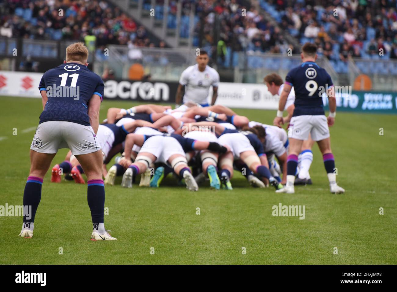 Rome, Lazio, Italy. 12th Mar, 2022. Rome, Italy March 2022: Guinness Six Nations of rugby, scrum on the field of game the Italian nation wear white shirt and with blue shirt Scotland, they fight for the ball. Scotland won 22-33 (Credit Image: © Pasquale Gargano/Pacific Press via ZUMA Press Wire) Stock Photo