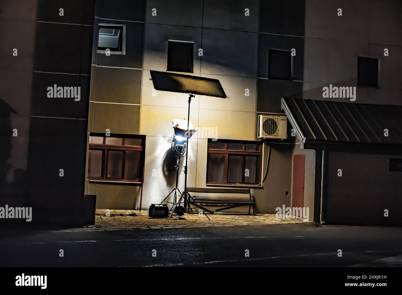 Behind the scene. Lighting equipment on the set for filming. Night