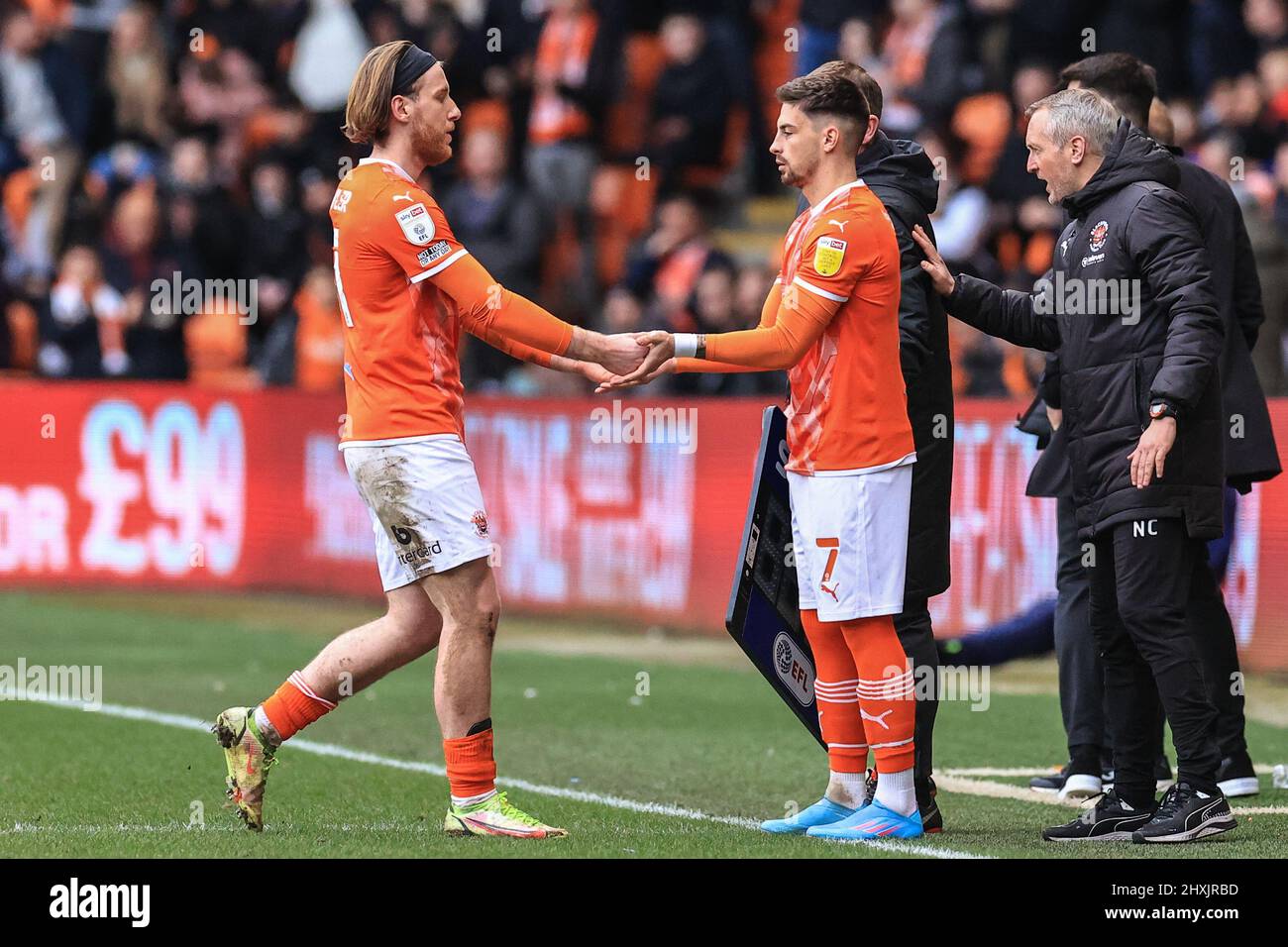 Owen Dale 7 of Blackpool comes on for Josh Bowler 11 of Blackpool