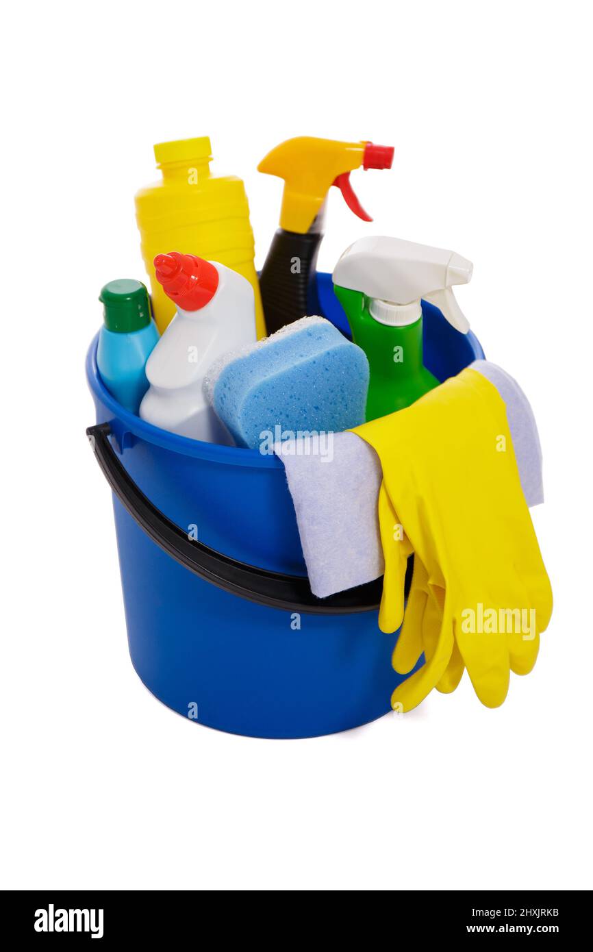 cleaning concept - blue bucket with detergent bottles and cleaning ...