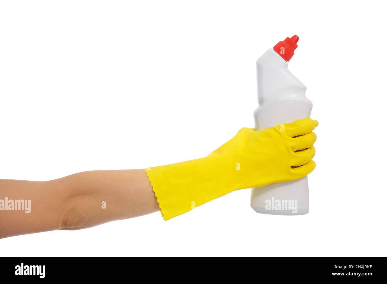 close up of hand in yellow rubber glove holding plastic bottle with ...