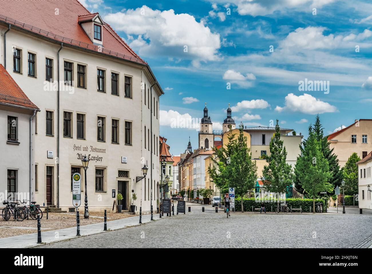 View from the Schlossplatz to the Wittenberg market square and the towers of the St. Mary's Church, Lutherstadt Wittenberg, Saxony-Anhalt, Germany, Eu Stock Photo