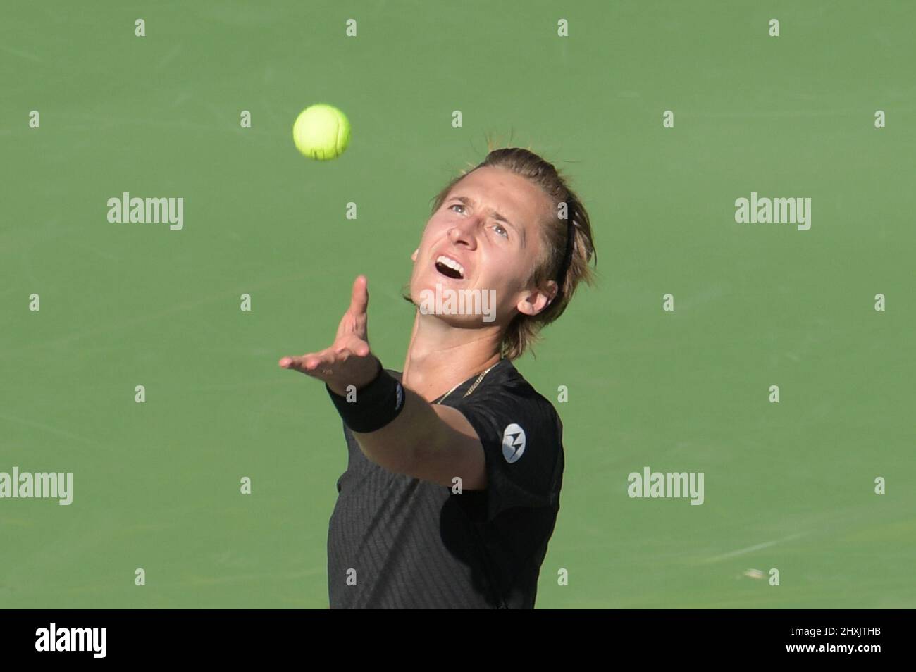 Sebastian Korda (USA) is defeated by Rafael Nadal (ESP) 2-6, 6-1, 6-7 (3-7), at the BNP Paribas Open being played at Indian Wells Tennis Garden in Indian Wells, California on March 12, 2022: © Karla Kinne/Tennisclix/CSM Stock Photo