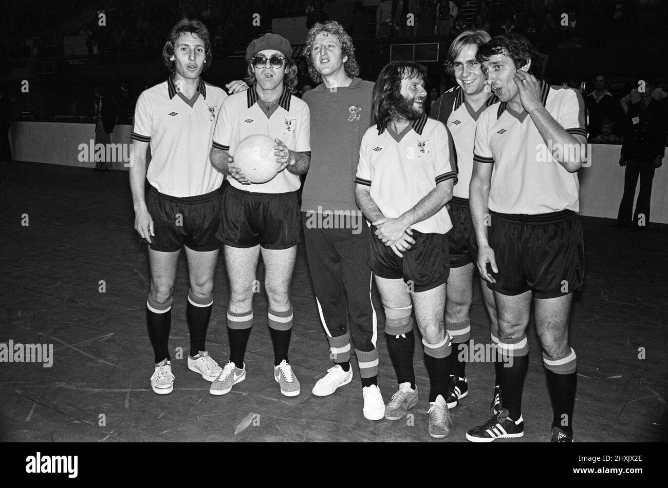 Elton John pictured in Wembley during a 5 a side football match, which Elton's team won. Empire Pool, Wembley. 6th November 1977. Stock Photo