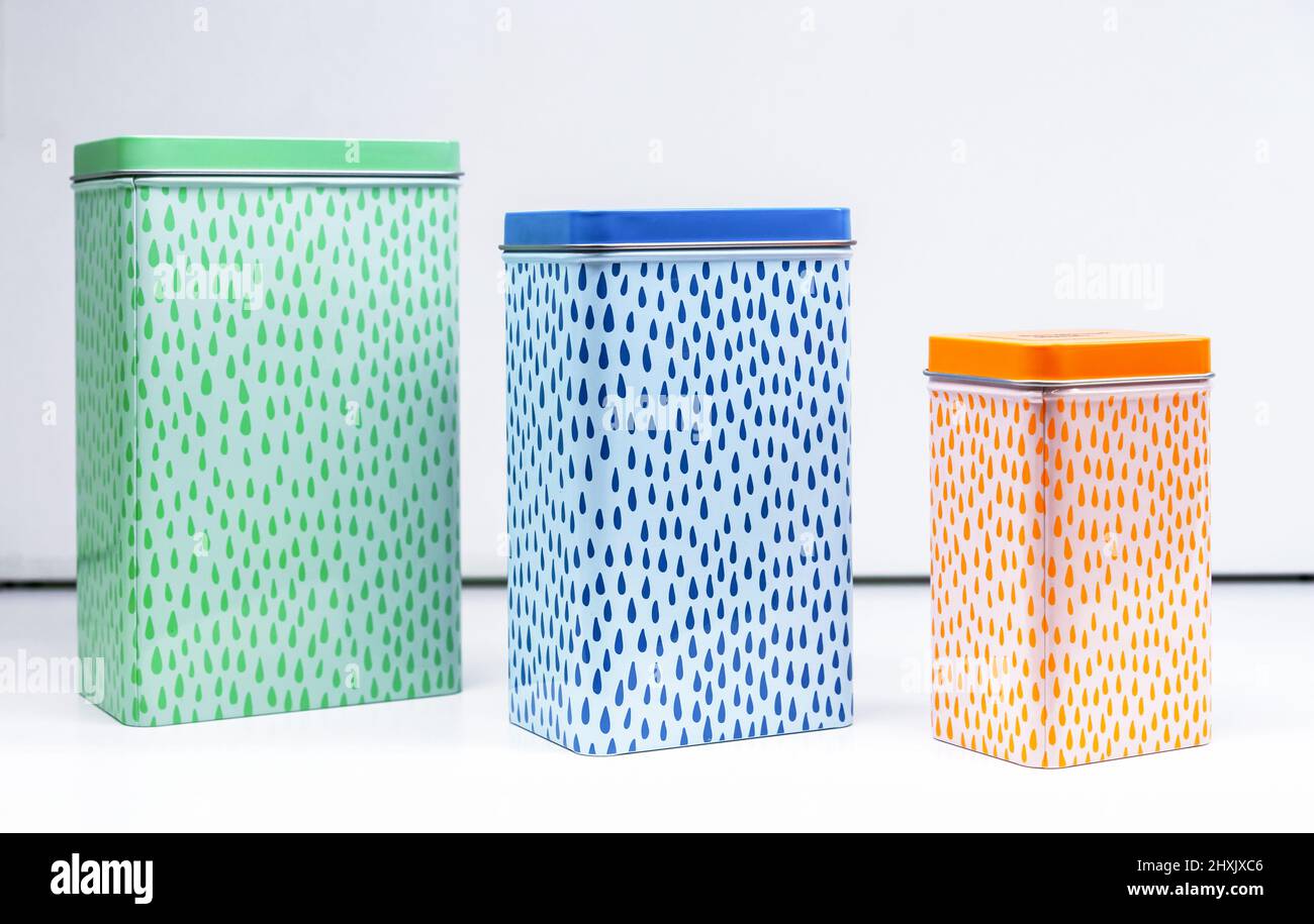 Set of tin cans for spices and bulk products. Bright metal cans Stock