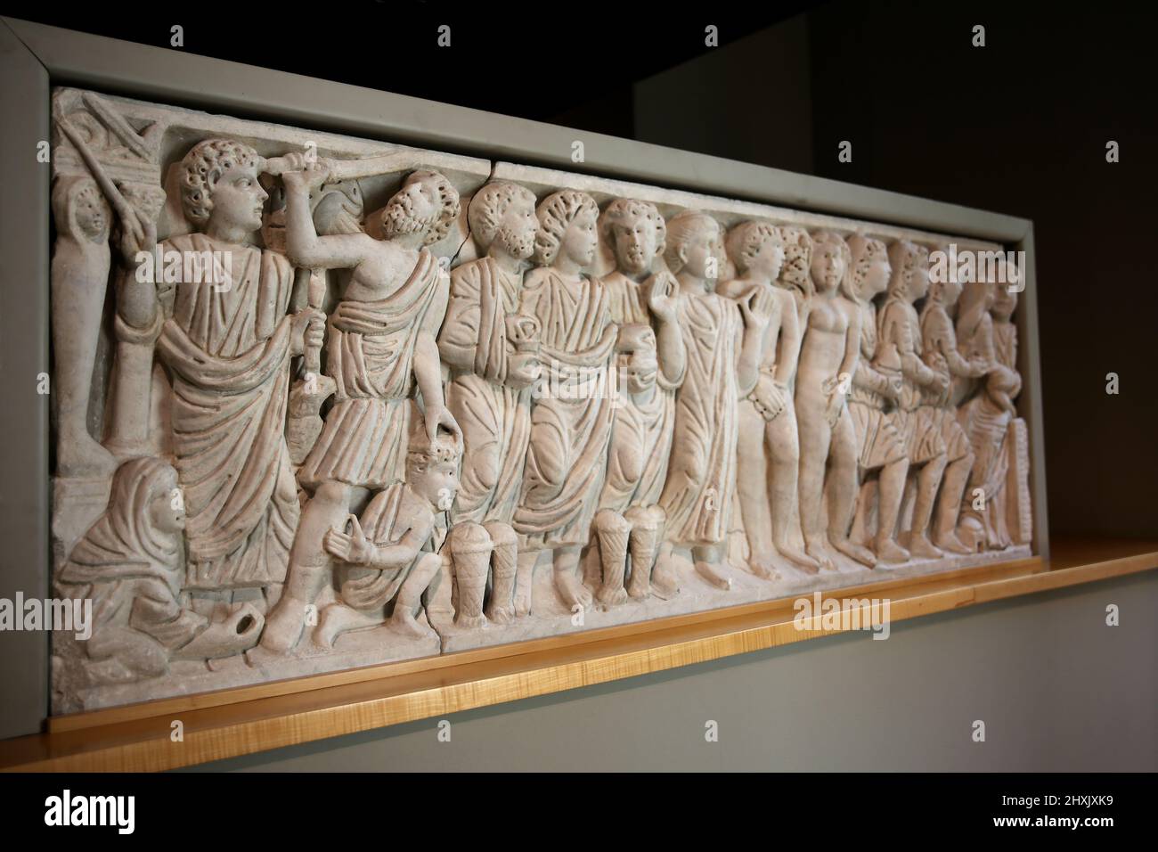 Front panel the sarcophagus with biblical scenes. Carced in a Roman workshop, 4th c. AD. Frederic Mares Museum. Barcelona, Spain. Stock Photo