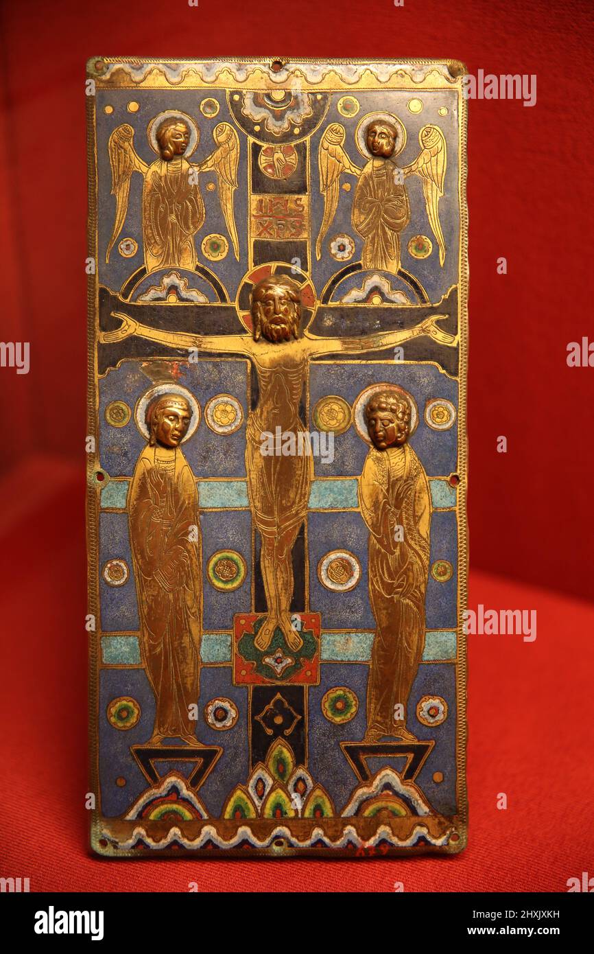 Calvary. Limoges enamel plaque. Vertical rectangle, Crucifixion. Limoges, France, early 13th century. Stock Photo