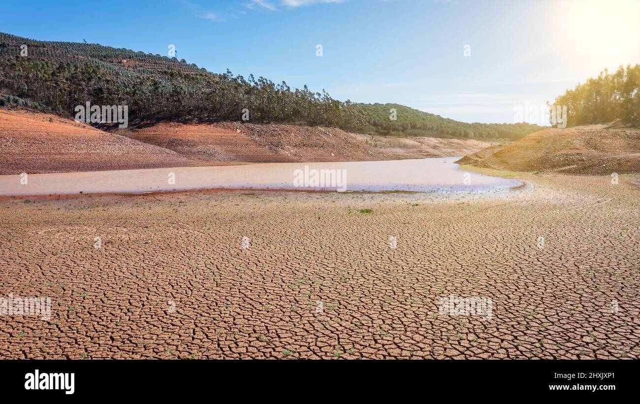 Landscape of low water and dry land in advance, severe drought in the ...