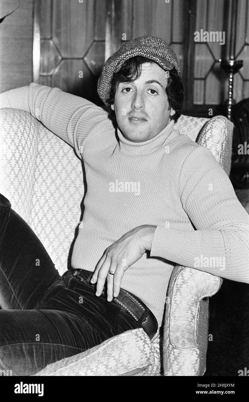 Sylvester Stallone, american actor and writer in London to promote new film Rocky, both written by and starring him in the lead role of boxer Rocky Balboa, pictured Tuesday 25th January 1977. Stock Photo