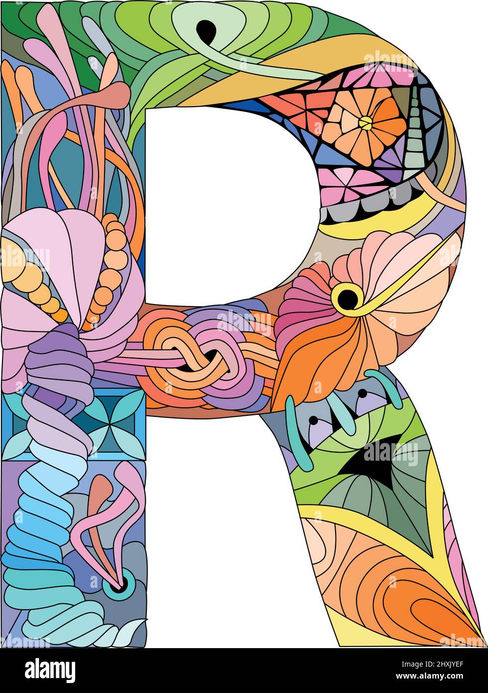 Zentangle stylized alphabet letter R. Vector illustration. Ethnic