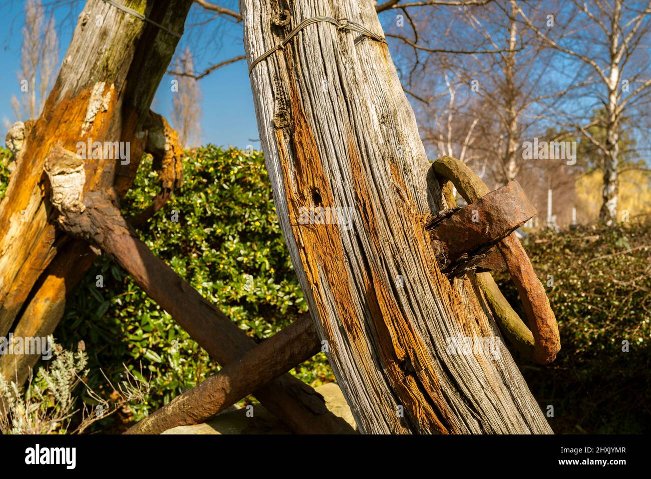 The headstocks of two ancient ships anchors. Stock Photo