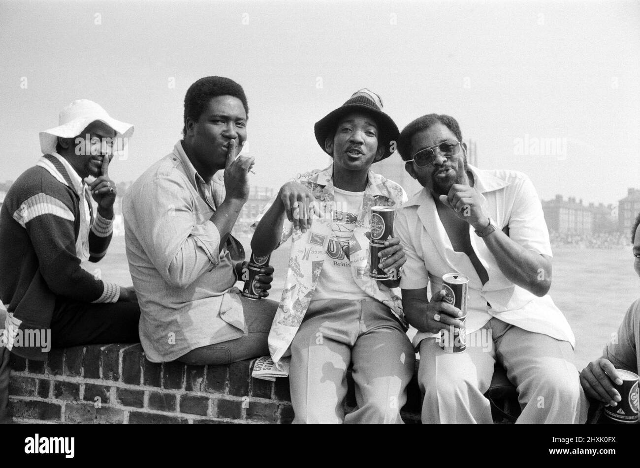 West Indies cricket team summer tour of England.Fifth Test match First day at the Oval in Kennington, London. West Indies fans with their fingers to their lips saying 'Ssssh No Noise!' at the Oval. 12th August 1976. Stock Photo