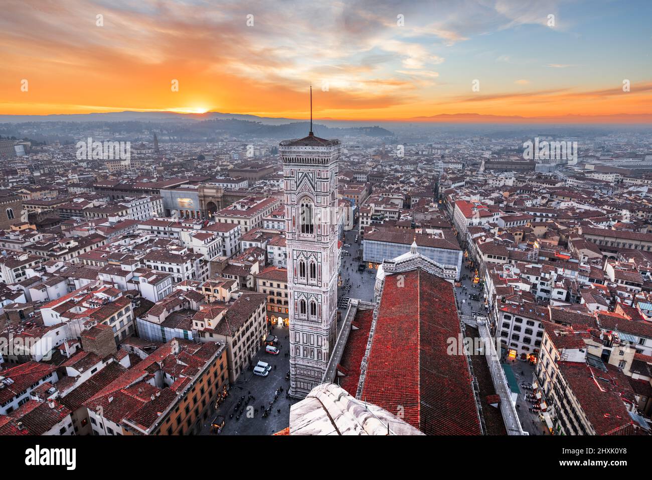 Giottos Bell Tower in Florence, Italy from above at dusk. Stock Photo