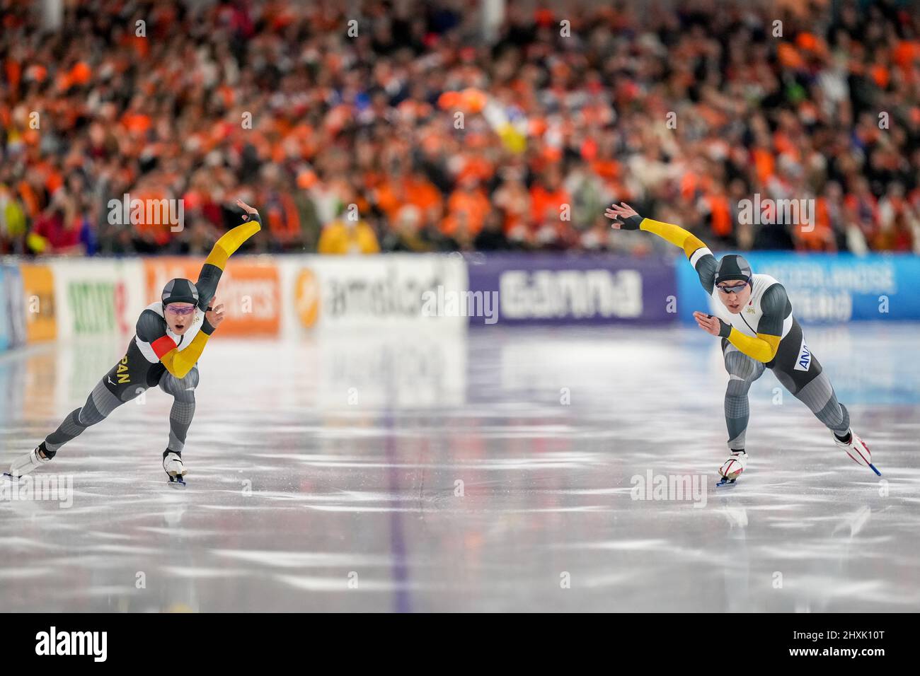 HEERENVEEN, NETHERLANDS - MARCH 13: Yamato Matsui of Japan, Tatsuya Shinhama of Japan competing in the 500m Men during the ISU World Cup Speed Skating Final at the Thialf on March 13, 2022 in Heerenveen, Netherlands (Photo by Douwe Bijlsma/Orange Pictures) Stock Photo