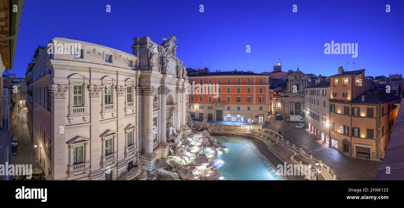 Rome, Italy overlooking Trevi Fountain during twilight. Stock Photo