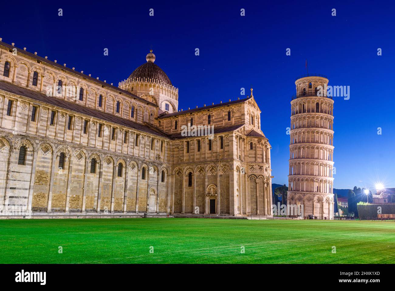 Leaning Tower of Pisa in Italy in the Square of Miracles at twilight. Stock Photo