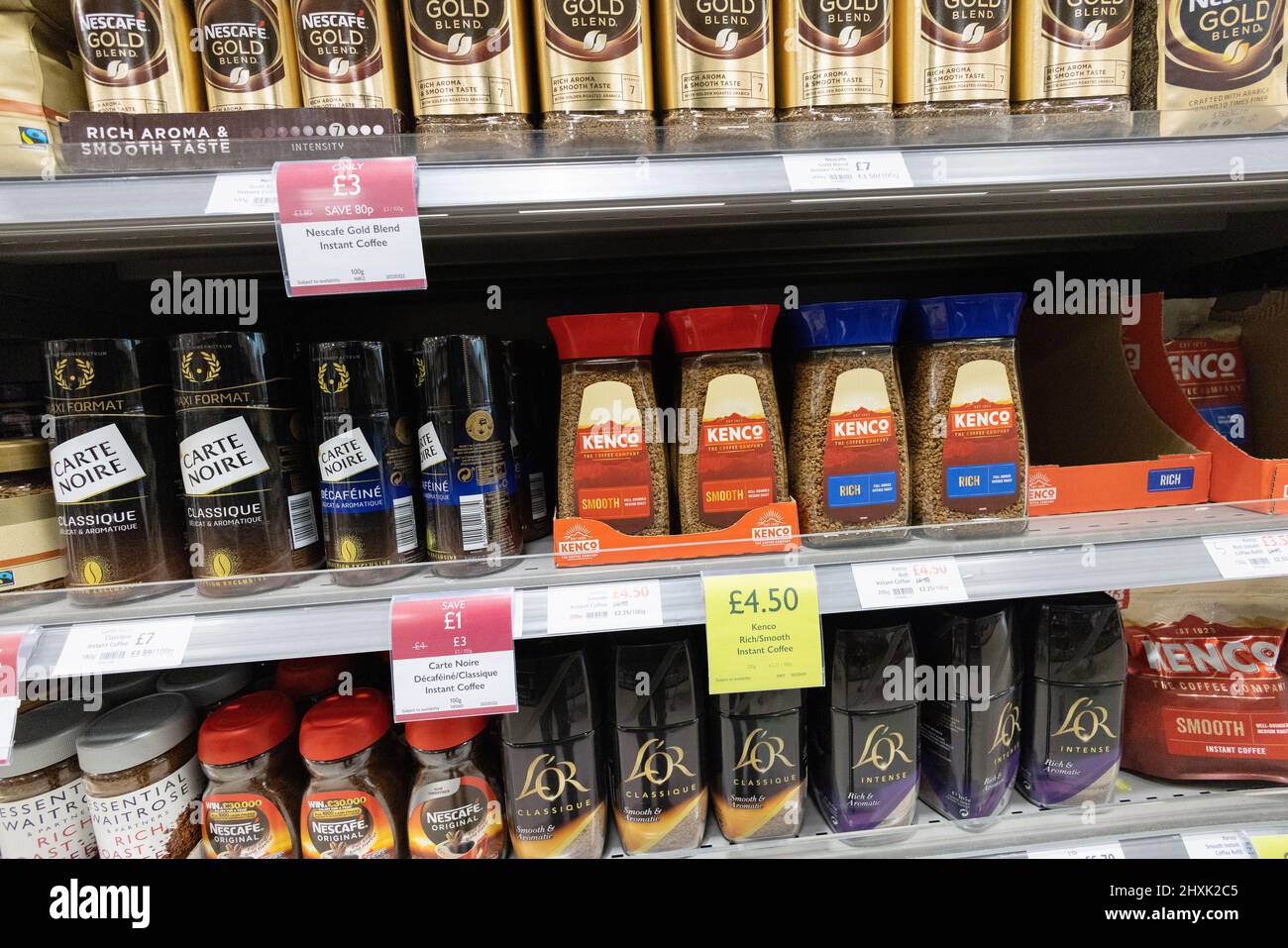 Instant coffee; Bottles of instant coffee granules for sale on supermarket shelves, Waitrose supermarket Suffolk UK Stock Photo