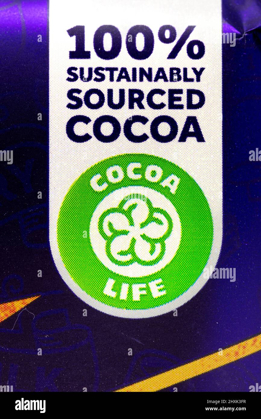 Cadburys 100 Sustainably Sourced Cocoa And Cocoa Life Logo Stock Photo