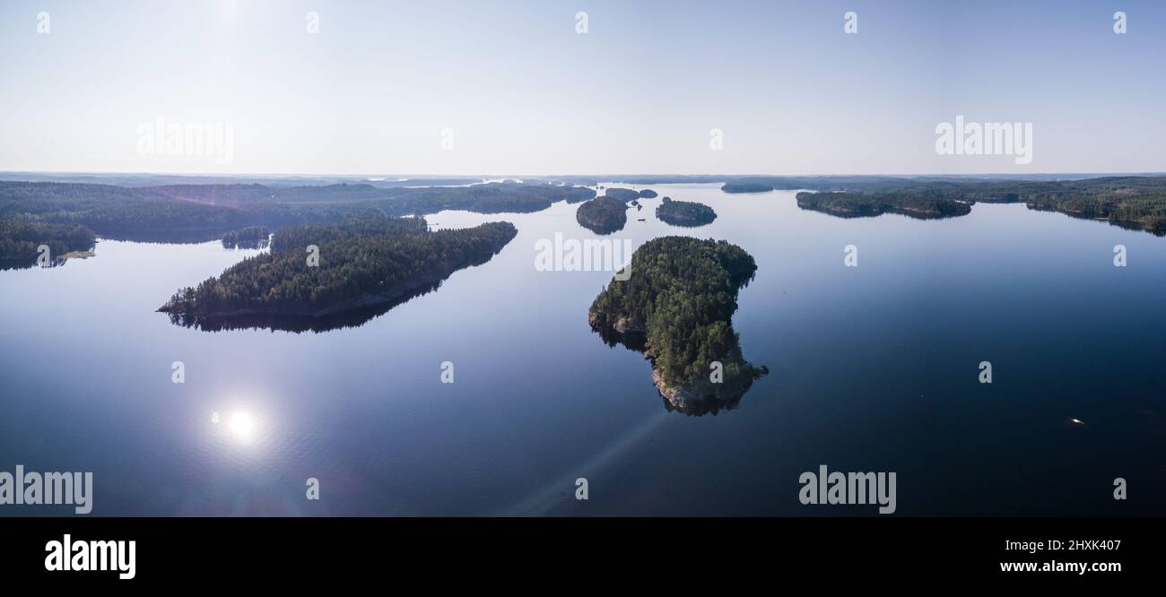 Calm summer day aerial lake panorama Stock Photo