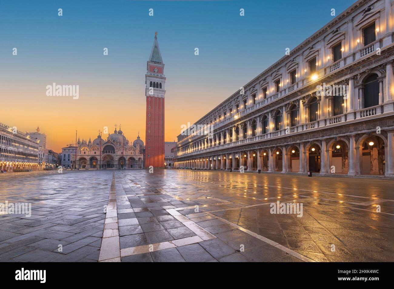 Venice, Italy at St. Mark's Square with the Basilica and Bell Tower at twilight. Stock Photo