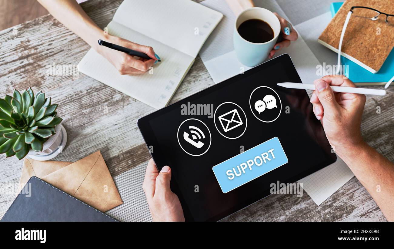 Technical support icons on screen. Call to help center. Internet and ...