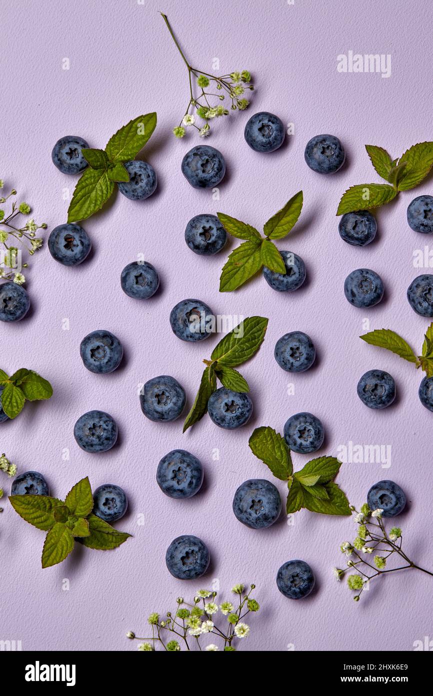 fresh Ripe blueberry with green leaf and flowers. Organic fresh blueberry isolated on purple background. top view, flat lay Stock Photo